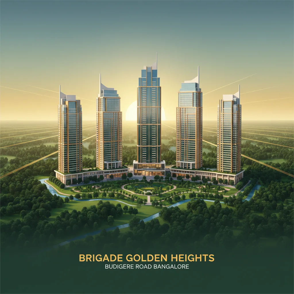 Modern luxury residential high-rise towers in a lush green forest-themed township setting, 5 elegant skyscrapers with premium architecture surrounded by landscaped gardens and eco-trails, aerial view of Brigade Golden Heights on Budigere Road Bangalore