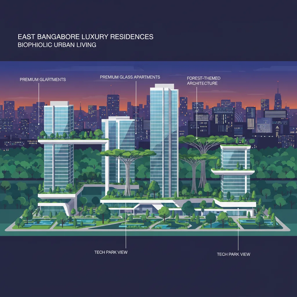 Modern high-rise residential towers in East Bangalore with green landscaping and forest-themed architecture, luxury real estate development with biophilic design