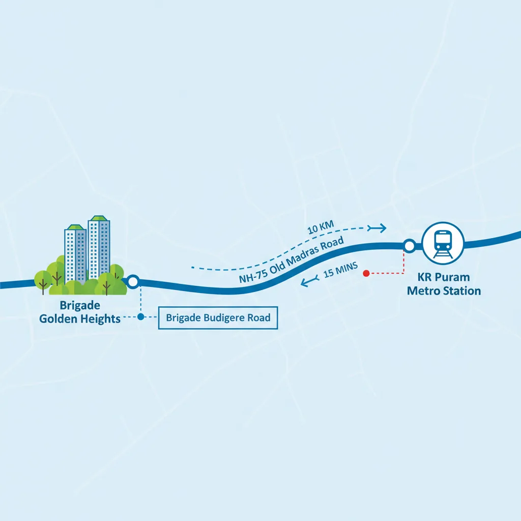 Connectivity map showing route from Brigade Budigere Road to KR Puram via NH-75 Old Madras Road with Brigade Golden Heights towers