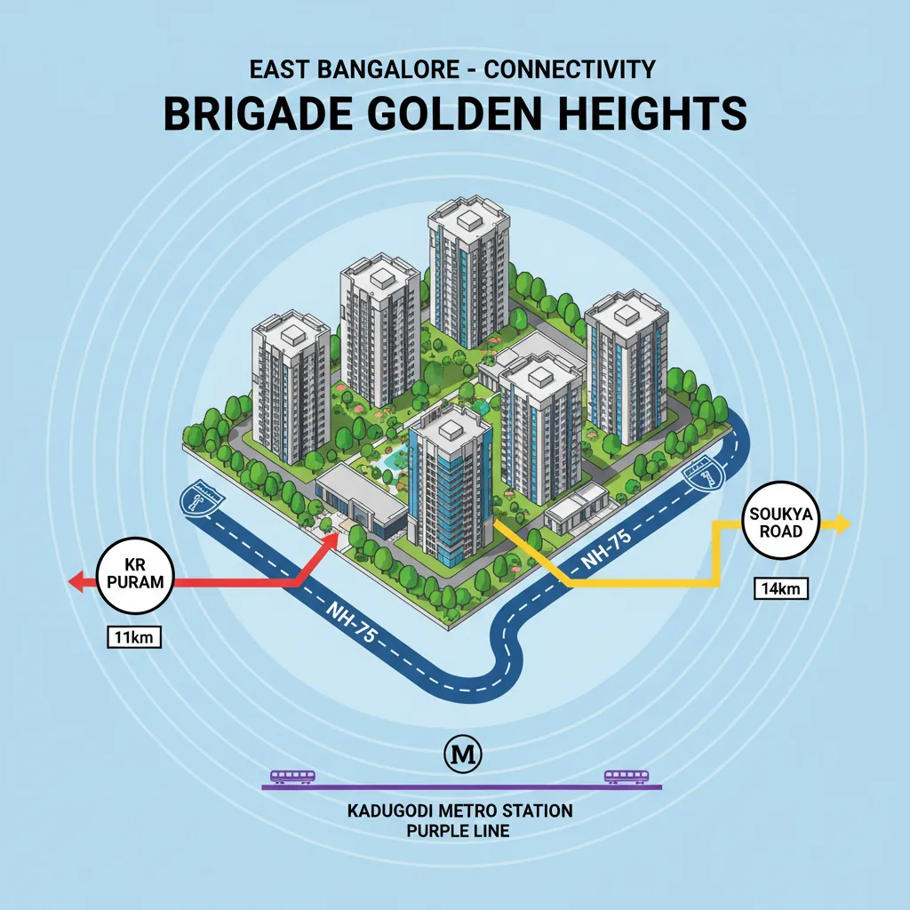 Connectivity to Soukya Road from Brigade Golden Heights - Real estate connectivity infographic showing Brigade Golden Heights residential towers with road connections to Soukya Road and KR Puram