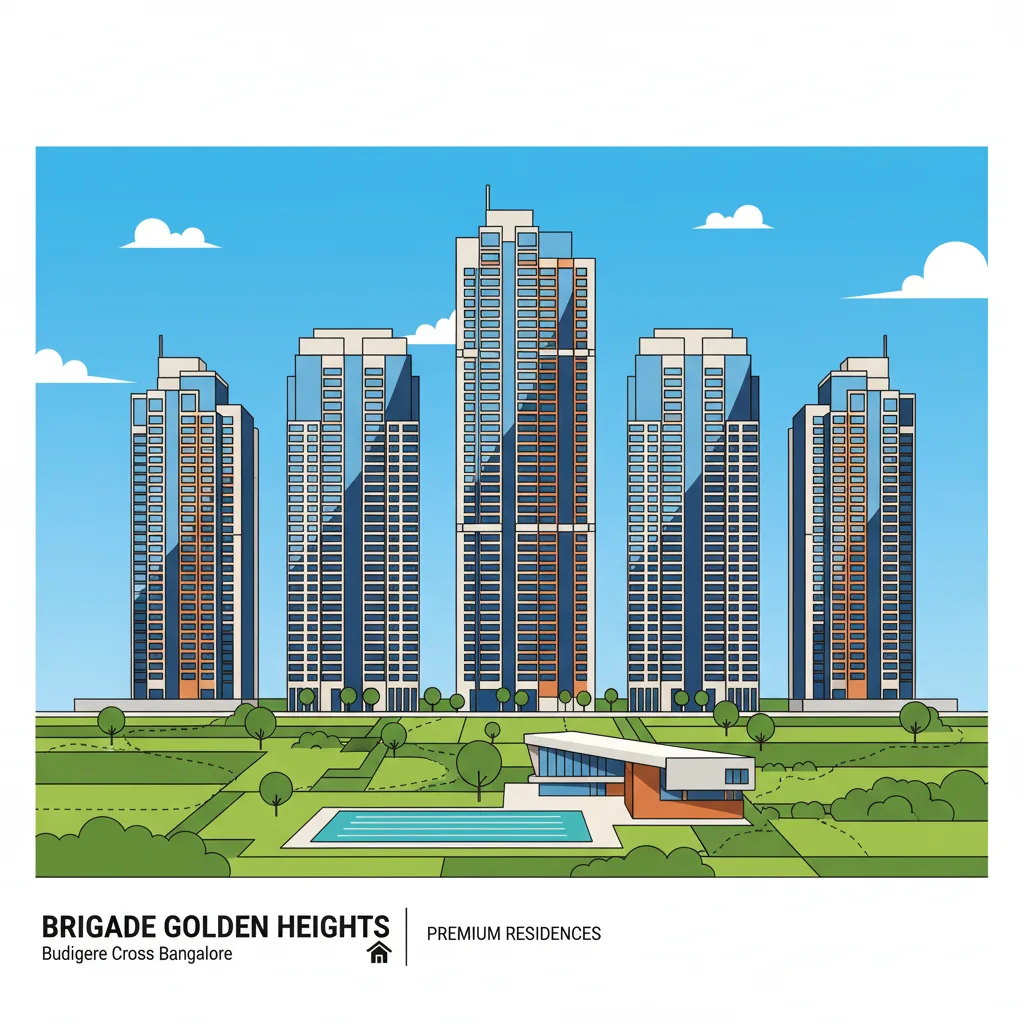 Modern luxury high-rise residential towers at Brigade Golden Heights with lush green landscape gardens and clubhouse visible