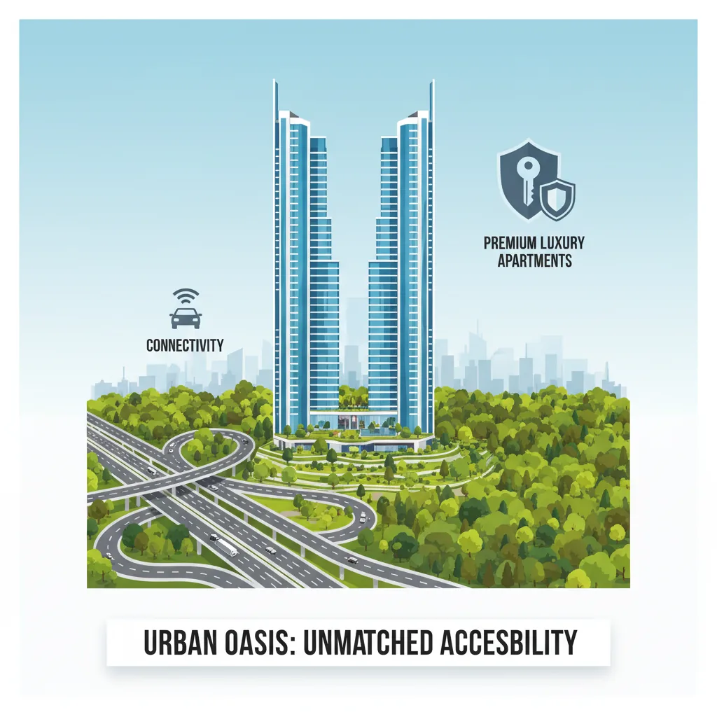 Distance between Brigade Golden Heights and Old Madras Road - Modern residential skyscraper towers with location connectivity features