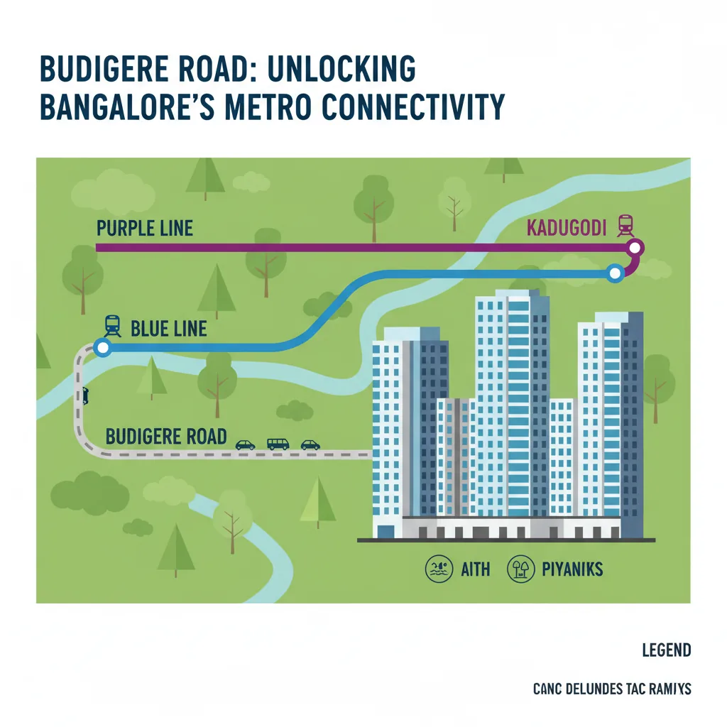 Metro connectivity infographic for Budigere Road showing Kadugodi Purple Line station and KR Puram Blue Line connections with Brigade Golden Heights forest-themed residential towers