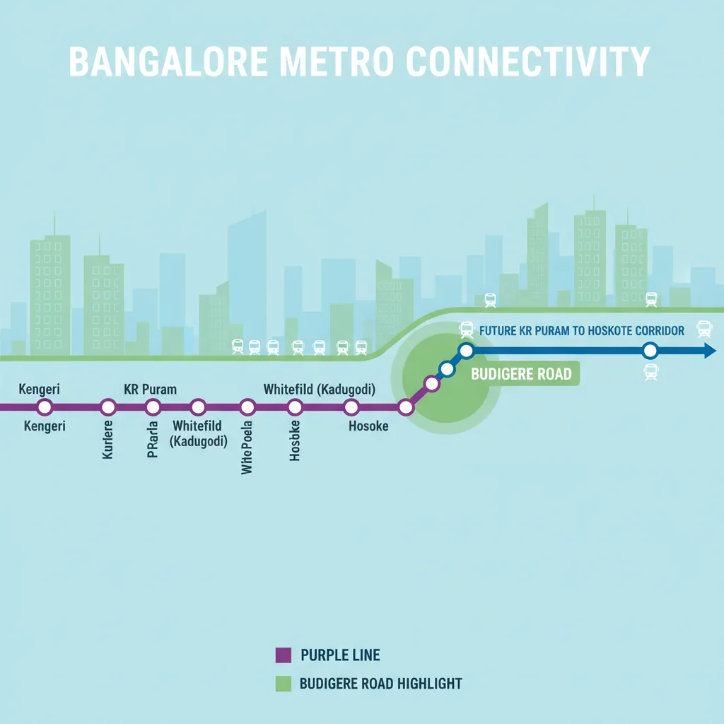 Bangalore metro connectivity map showing Budigere Road with Purple Line and future KR Puram to Hoskote corridor infographic