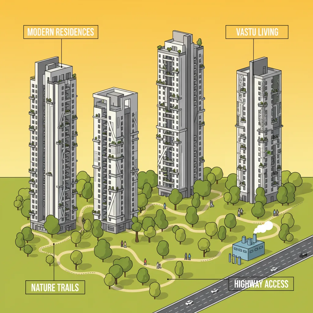 Premium residential towers at Brigade Golden Heights near Volvo factory Hoskote with lush green forest-themed landscape