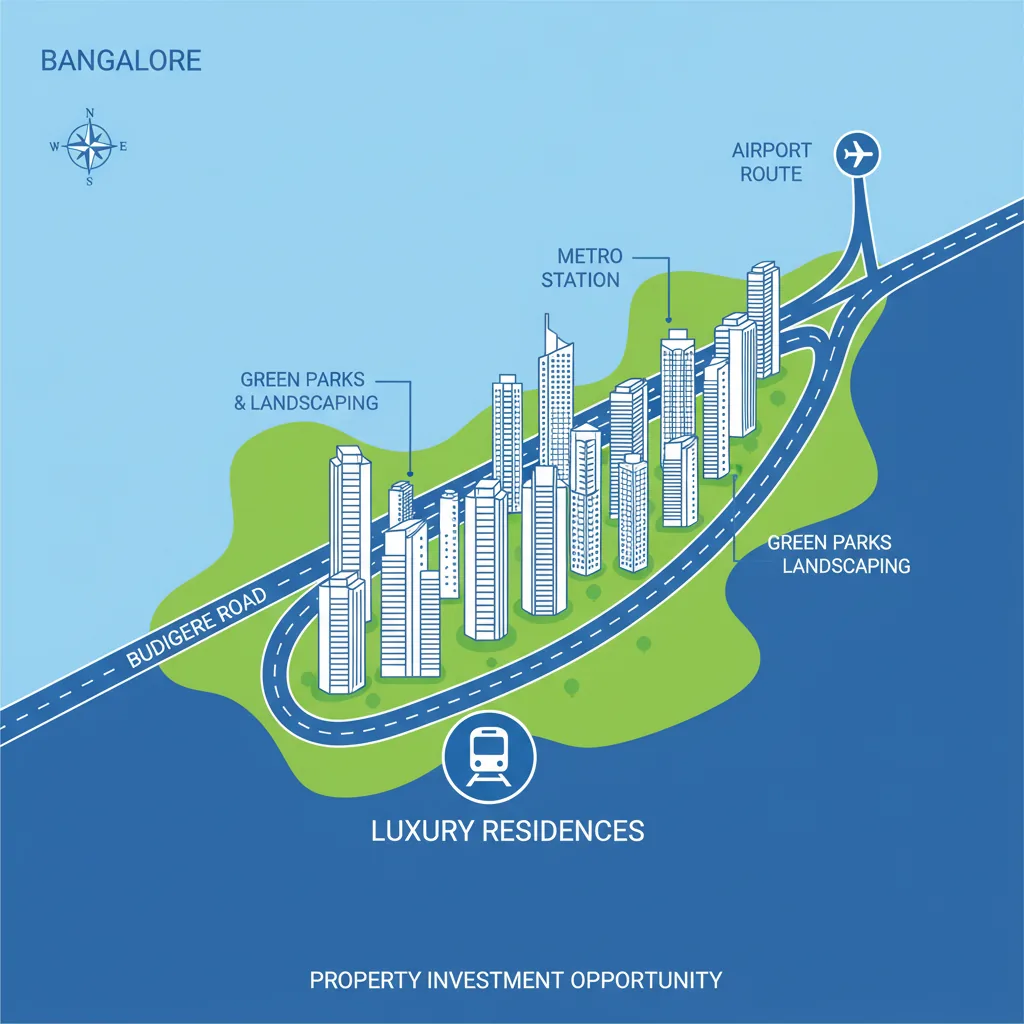 Future of Budigere Road Real Estate Market - Modern infographic showing Budigere Road area with highway connectivity, metro station, airport route, and luxury residential towers surrounded by green parks