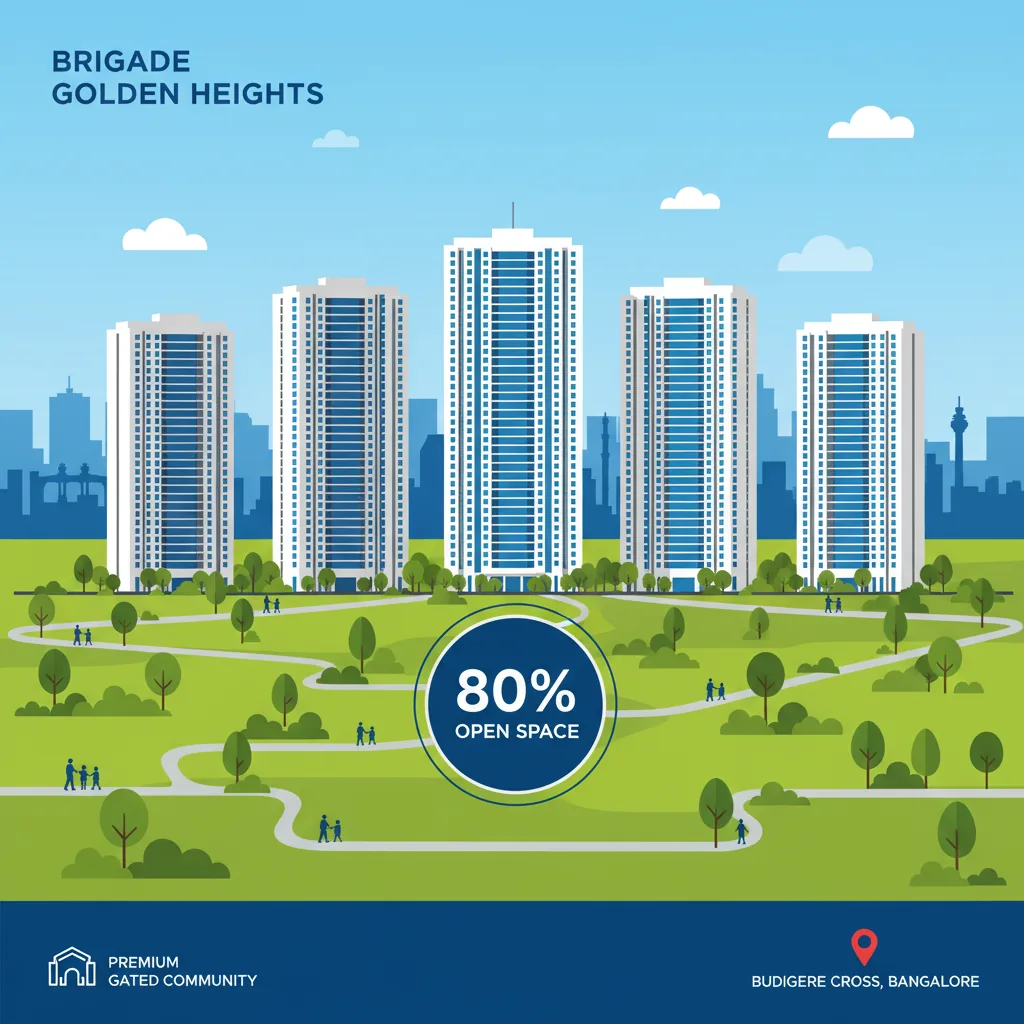 Gated Community with 70% Open Space: Brigade Golden Heights - Modern architectural infographic showing 5 skyscrapers with 80% open landscape