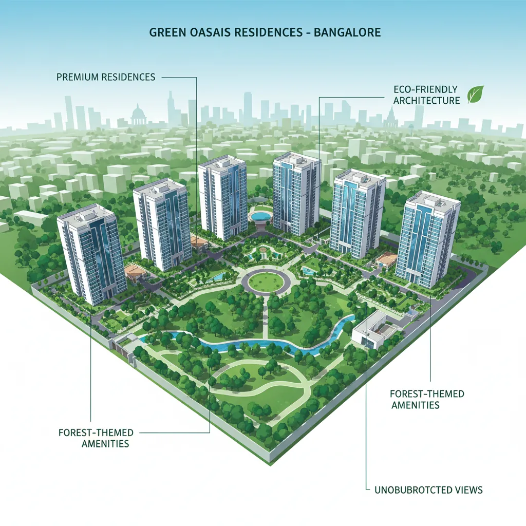 Gated Community Apartments in Bangalore - Aerial view of luxury residential towers with lush green forests, landscaped gardens and eco-friendly architecture