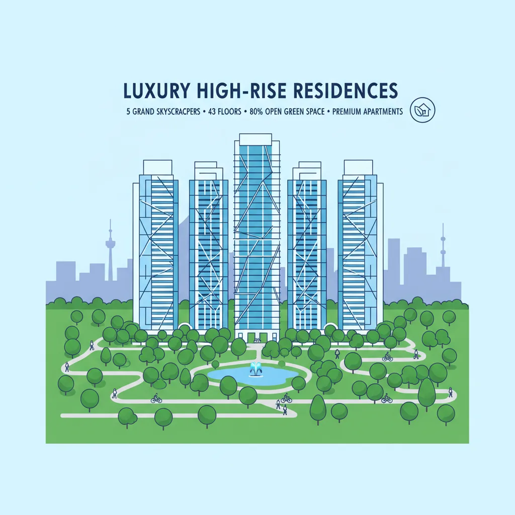 Modern infographic style illustration of luxury high-rise residential towers surrounded by green parks and nature trails, showing Bangalore city skyline in background