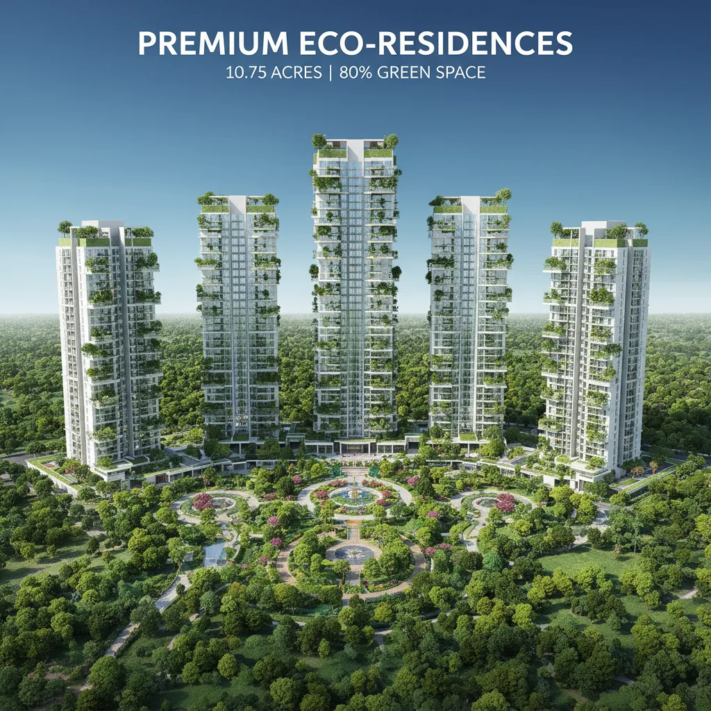 Green-themed Apartments Budigere Road - Modern luxury residential towers surrounded by lush forest landscaping