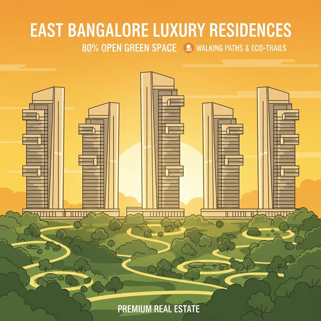 Modern luxury high-rise residential towers in East Bangalore at sunset with forest-themed landscape