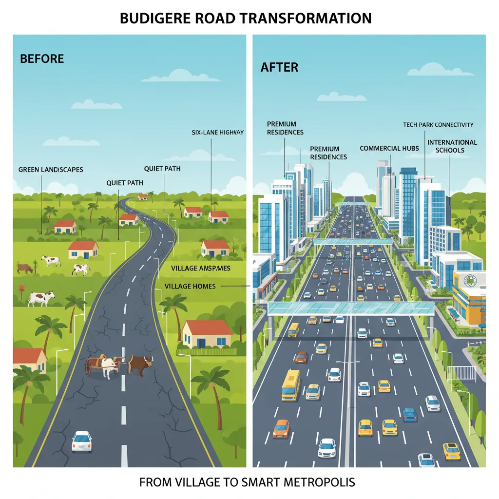 Modern infographic style illustration showing the transformation of Budigere Road from a quiet rural village road to a bustling six-lane mega highway