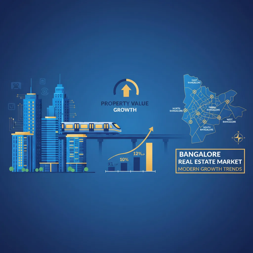 Bangalore real estate market infographic showing skyscrapers, metro train, tech buildings, and property growth charts with regional map