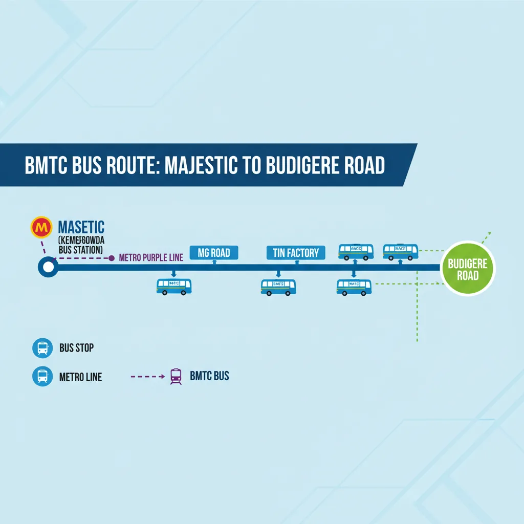 Infographic showing bus route from Majestic to Budigere Road Bangalore with BMTC buses, metro Purple Line, and route map landmarks