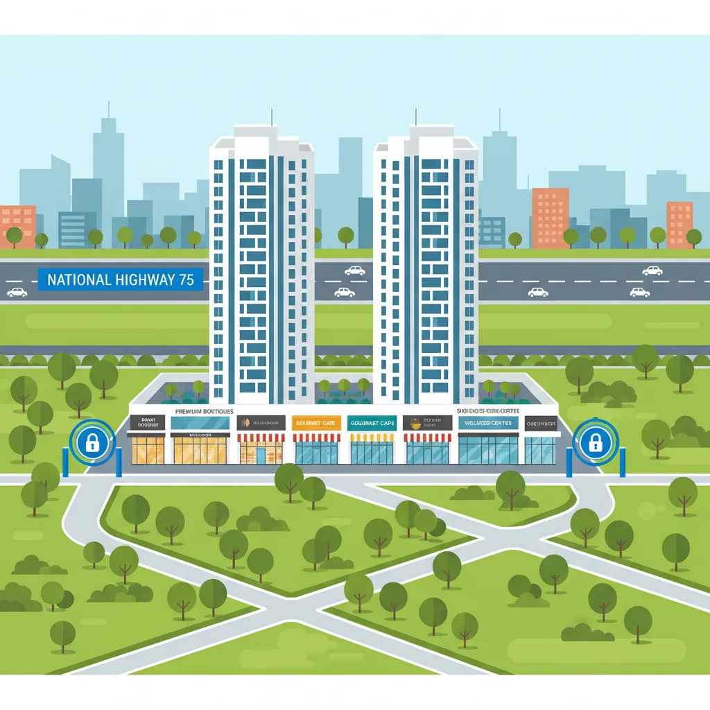 Modern integrated mixed-use residential complex with retail shops at ground level and luxury apartment towers above