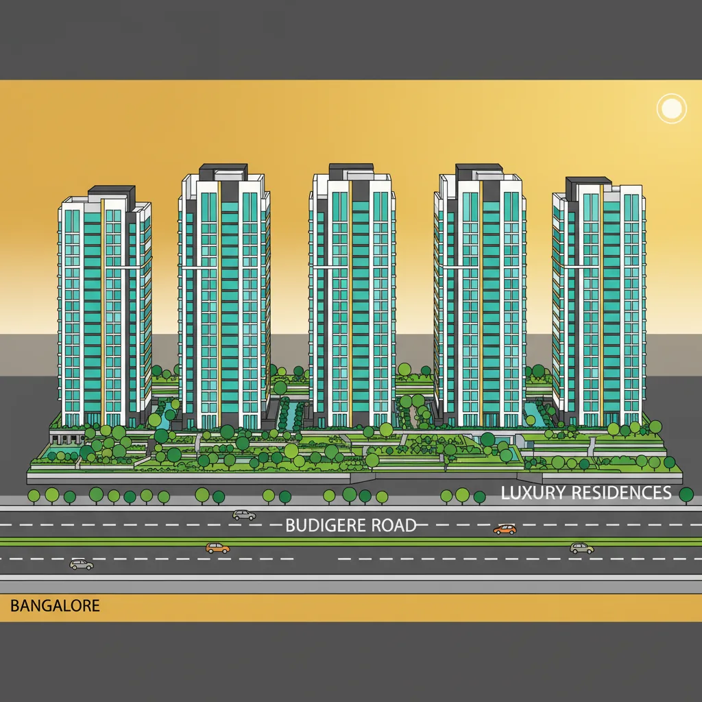 Modern luxury apartment buildings on Budigere Road with premium residential towers and golden hour lighting