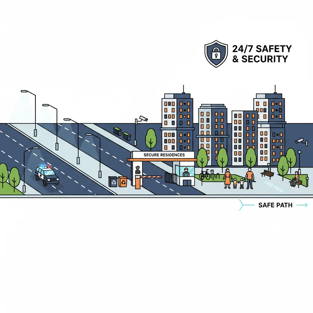 Modern residential township at dusk with bright LED streetlights, gated community security, and families walking safely on vehicle-free paths