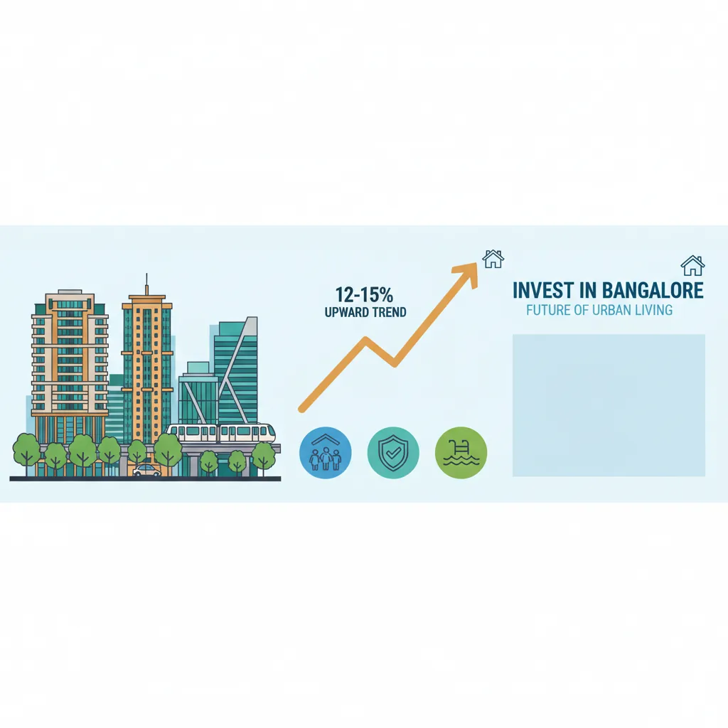 Is It Worth Buying Property in Bangalore - Modern infographic style hero image showing Bangalore city skyline with residential apartment towers, green parks, metro train, and tech office buildings