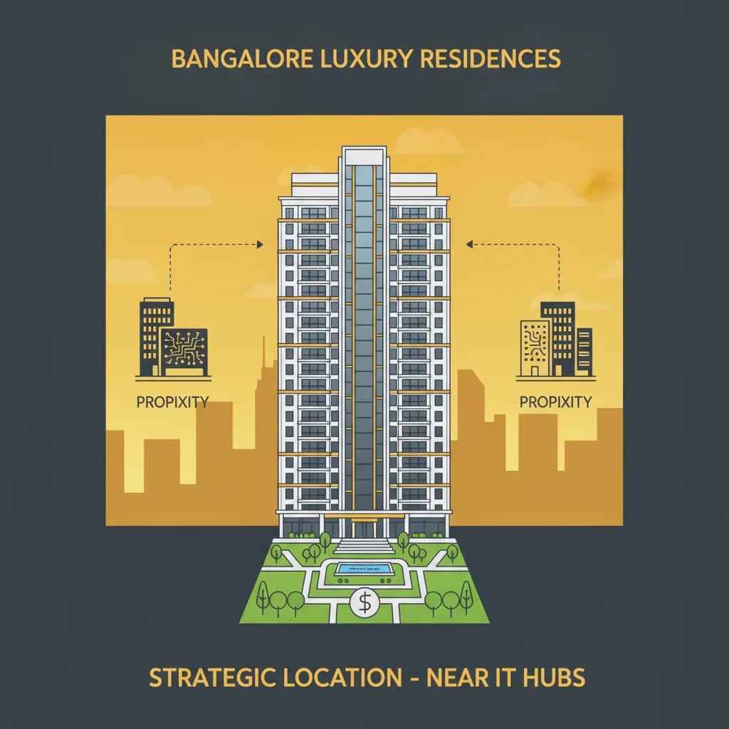 Modern luxury high-rise residential building with Bangalore skyline and IT tech parks view
