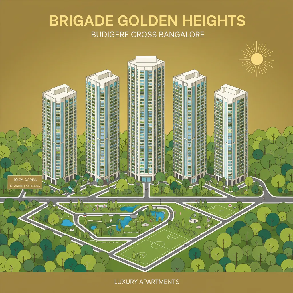 Brigade Golden Heights luxury apartment towers at Budigere Cross, five 43-floor skyscrapers with forest views and eco-friendly landscape