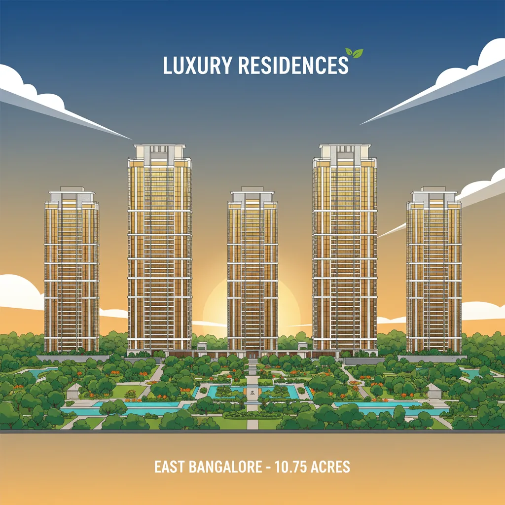Luxury Apartment in East Bangalore - Modern residential high-rise towers at sunset with lush green forest parks