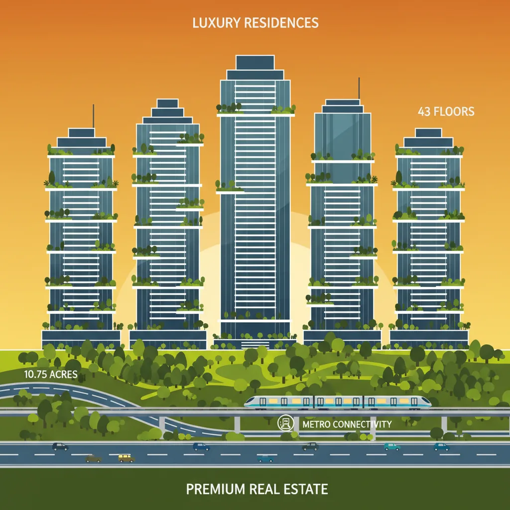 Modern luxury high-rise residential towers at sunset showing Brigade Golden Heights with 5 glass-facade skyscrapers rising 43 floors surrounded by lush green landscape