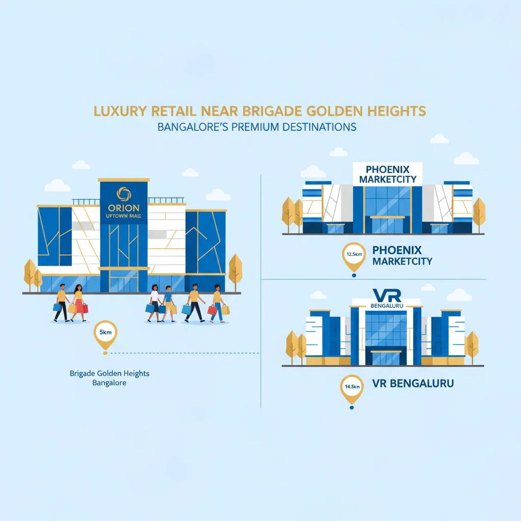 Modern shopping mall infographic showing luxury retail destinations near Brigade Golden Heights Bangalore