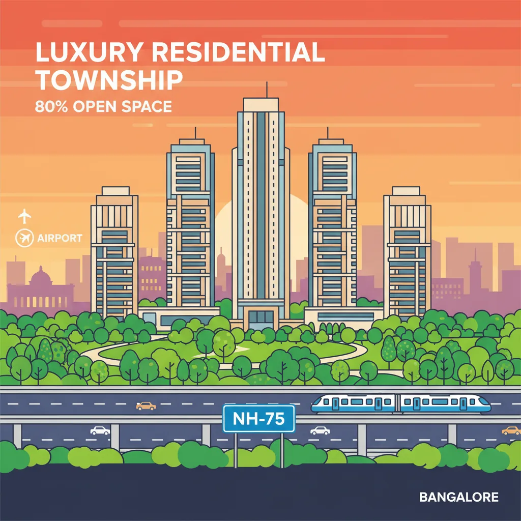 Old Madras Road (NH-75) Proximity - Luxury high-rise residential township with forest-themed greenery, 5 towers, highway connectivity, and Bangalore city skyline