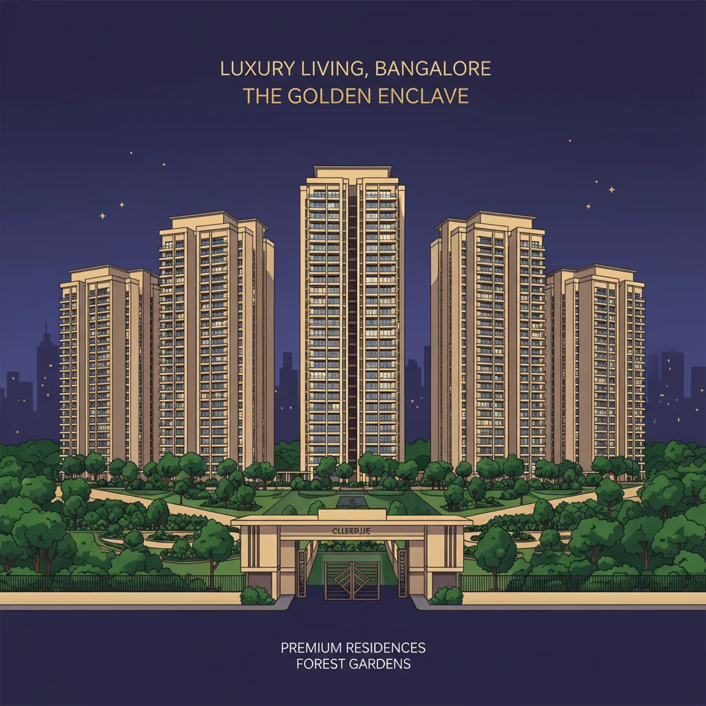 Pre Launch Apartment In Budigere Cross - Modern luxury residential apartment towers at dusk with forest-themed gardens and premium clubhouse