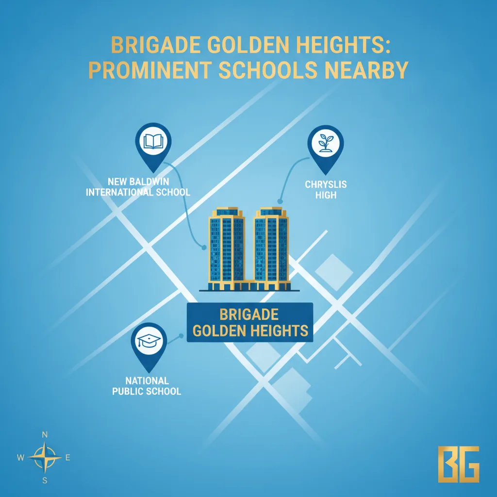 Schools near Brigade Golden Heights infographic showing residential towers with nearby schools marked on map