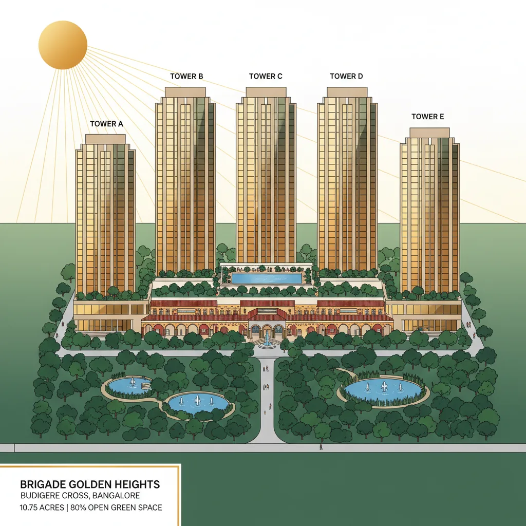 Best Apartment in Bangalore - Brigade Golden Heights luxury high-rise township with five G+43 towers and 80% green space