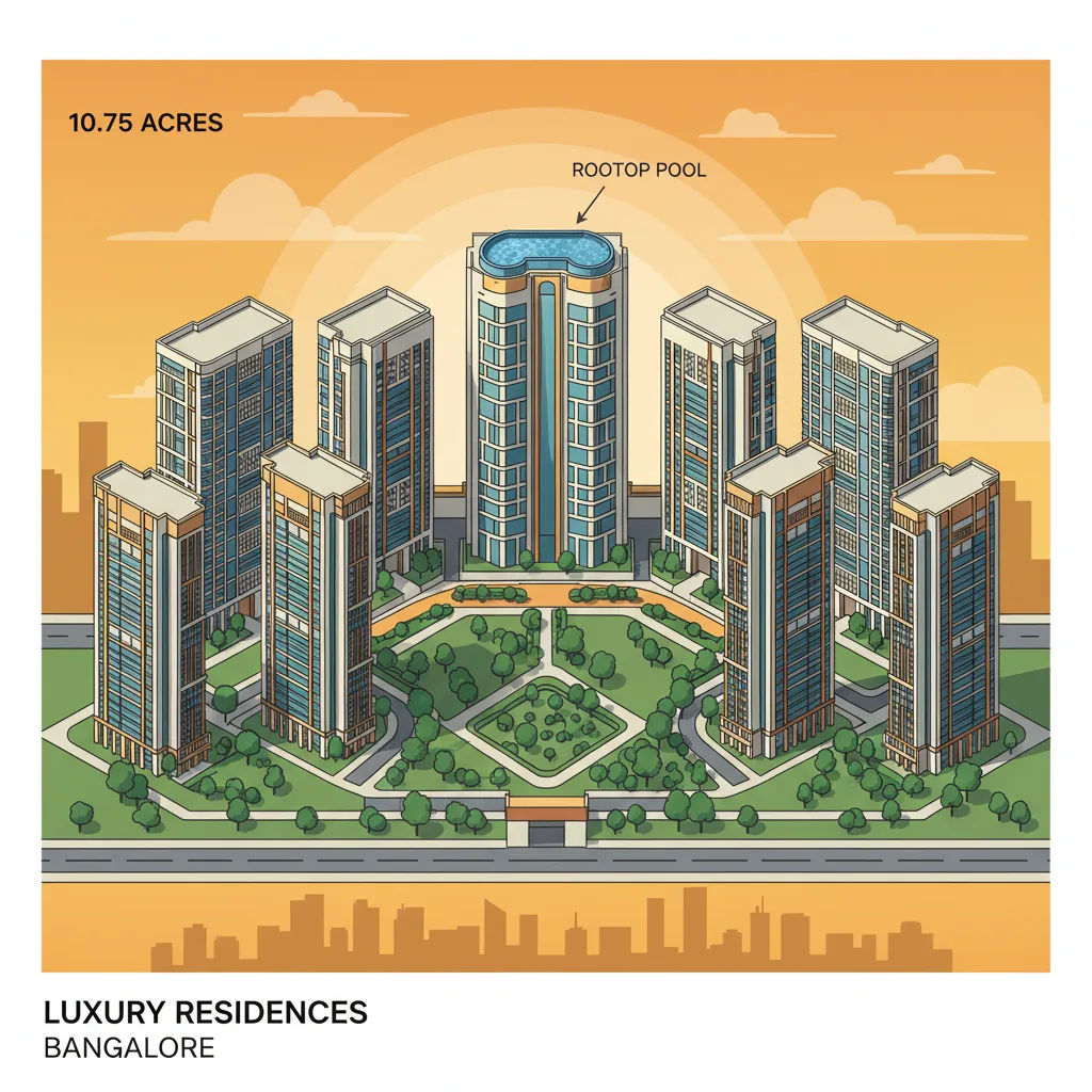 Modern luxury high-rise residential towers at sunset, aerial view of 10.75 acre gated community with lush green parks and gardens covering 80% of landscape, rooftop infinity swimming pool visible, contemporary Indian architecture, Bangalore city skyline in background, warm golden hour lighting, premium real estate visualization, photorealistic architectural rendering