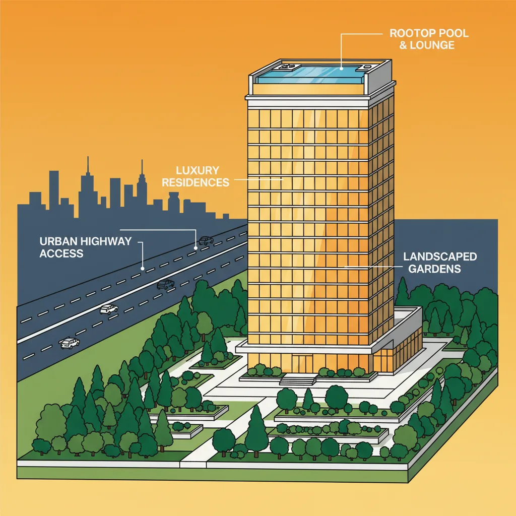 Brigade Group - Modern Indian real estate infographic with luxury towers, commercial buildings, and Bangalore cityscape