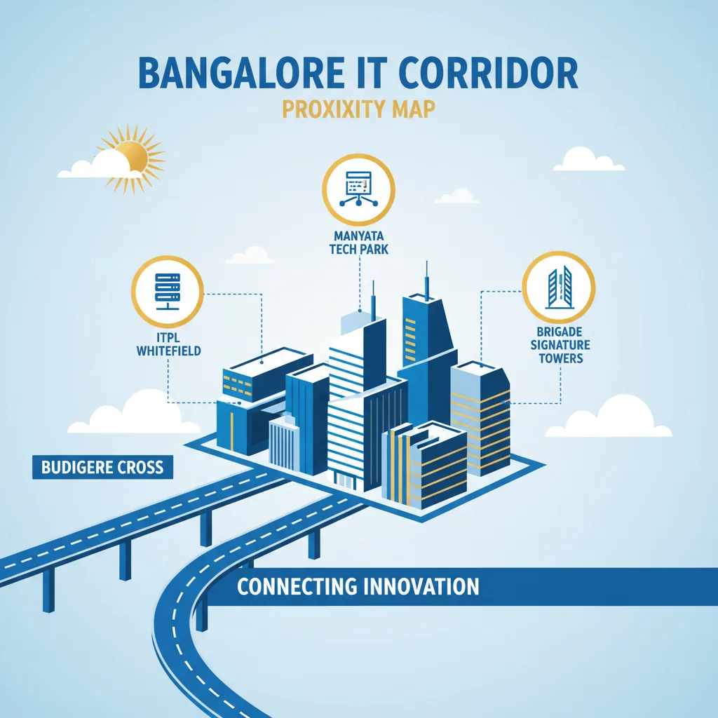 Top IT Hubs Near Brigade Golden Heights for Tech Professionals - IT corridor infographic showing proximity to ITPL, Manyata Tech Park, and Brigade Signature Towers