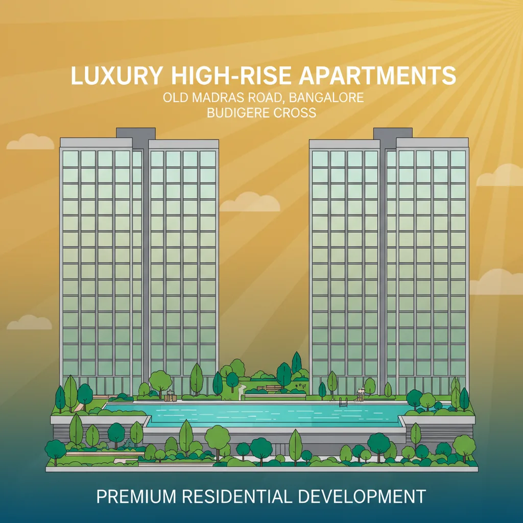 Luxury Apartment In Old Madras Road: Modern luxury high-rise residential apartment towers on Old Madras Road Bangalore with glass facades and rooftop pool