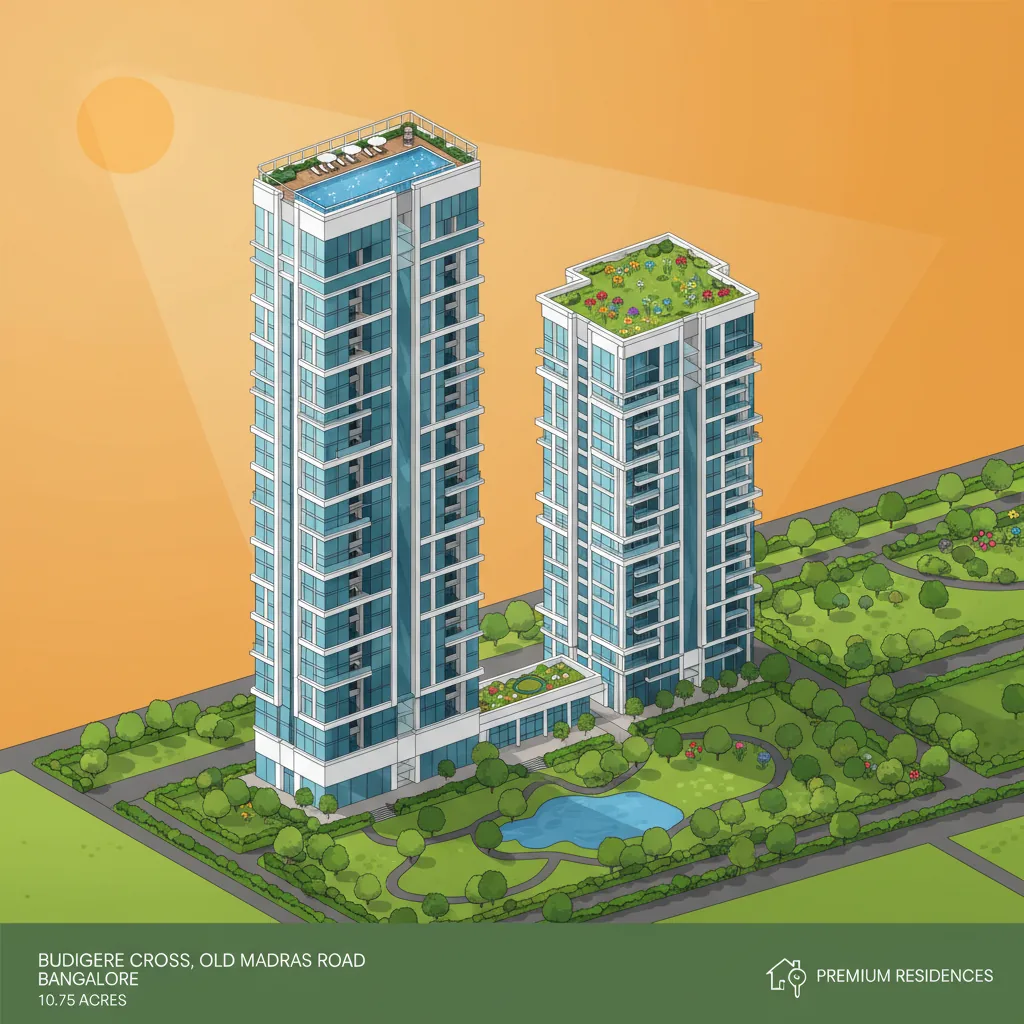 Modern luxury high-rise residential apartment complex at Budigere Cross on Old Madras Road, Brigade Golden Heights with 24 floors and lush green landscaping