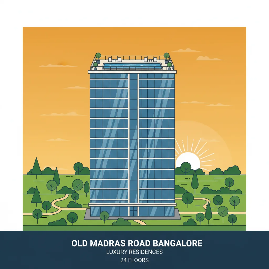 Modern luxury high-rise apartment building with glass facade, 24 floors, surrounded by lush green parks and gardens, rooftop pool visible, located on Old Madras Road Bangalore