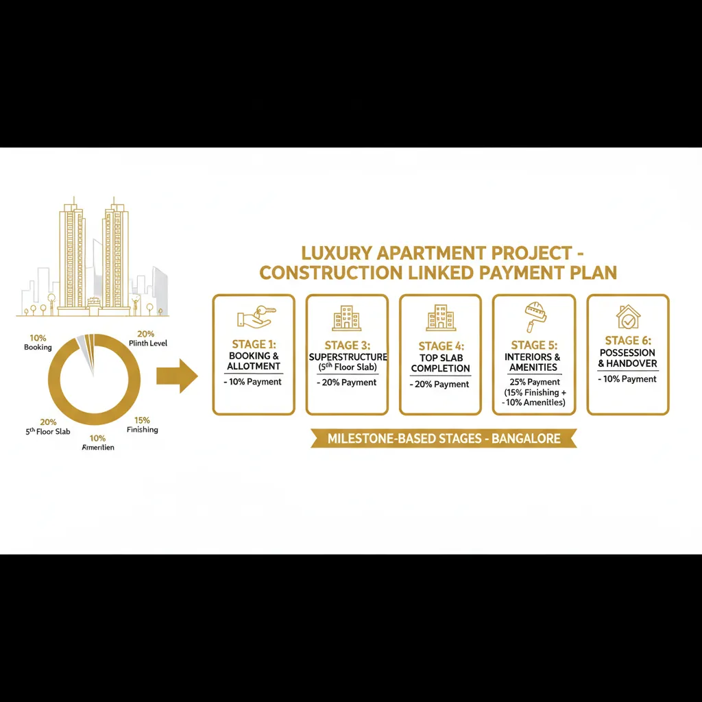 Construction Linked Payment Plan infographic showing milestone-based payment stages for Brigade Golden Heights luxury apartments