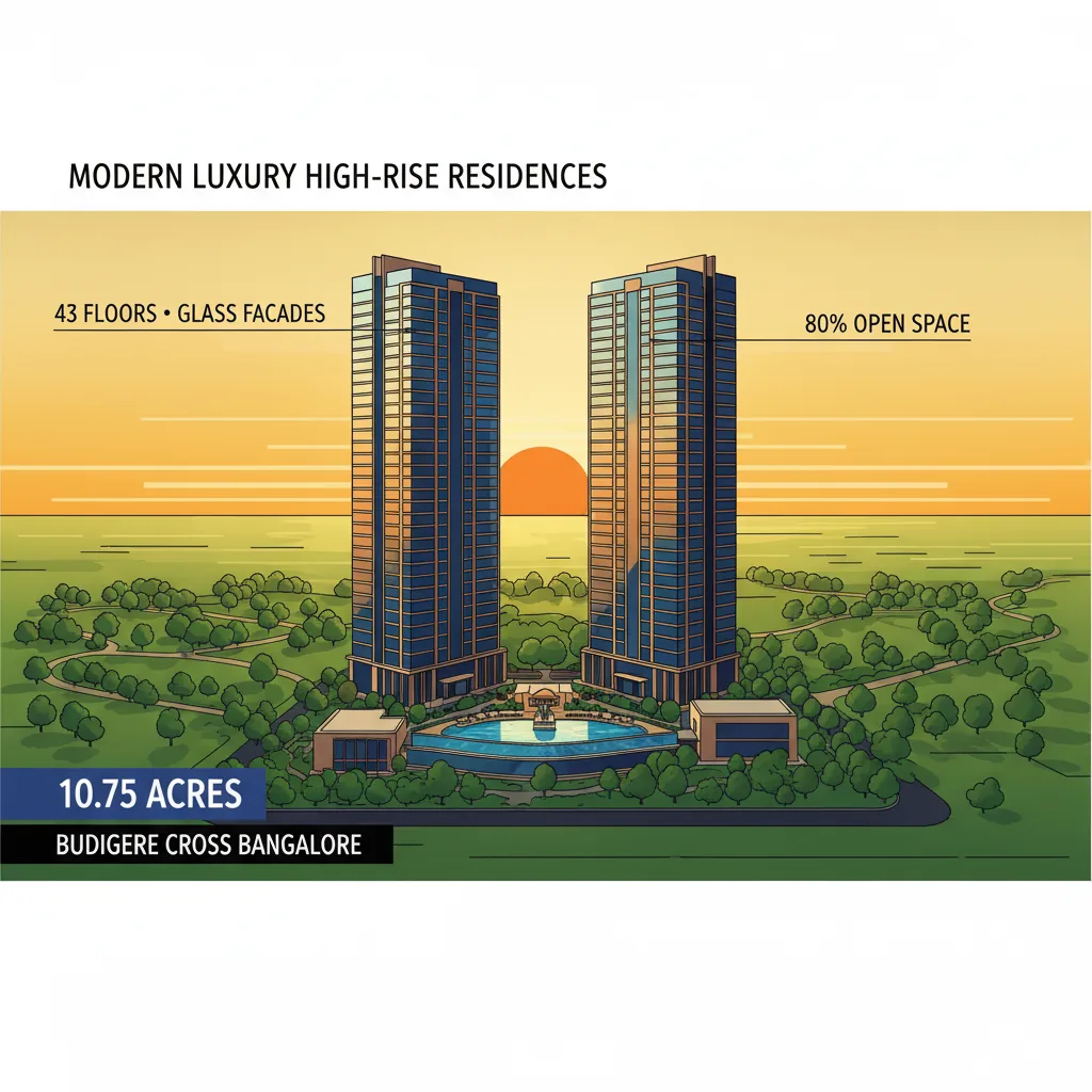 Pre Launch Apartment in Bangalore - Modern luxury high-rise residential towers at sunset, 43-floor skyscrapers with glass facades and forest-themed landscape at Budigere Cross