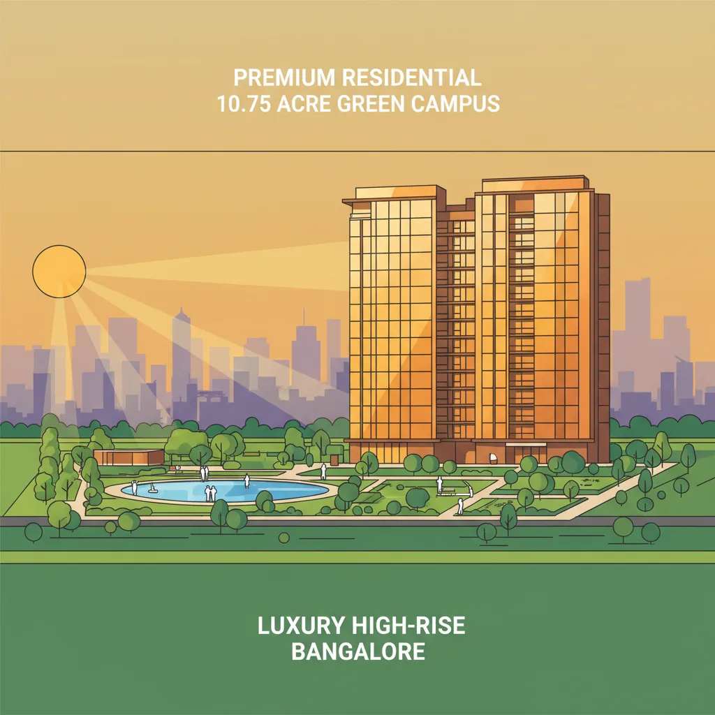 Modern luxury residential high-rise apartment building at golden hour with sleek glass facade and landscaped gardens at Brigade Golden Heights