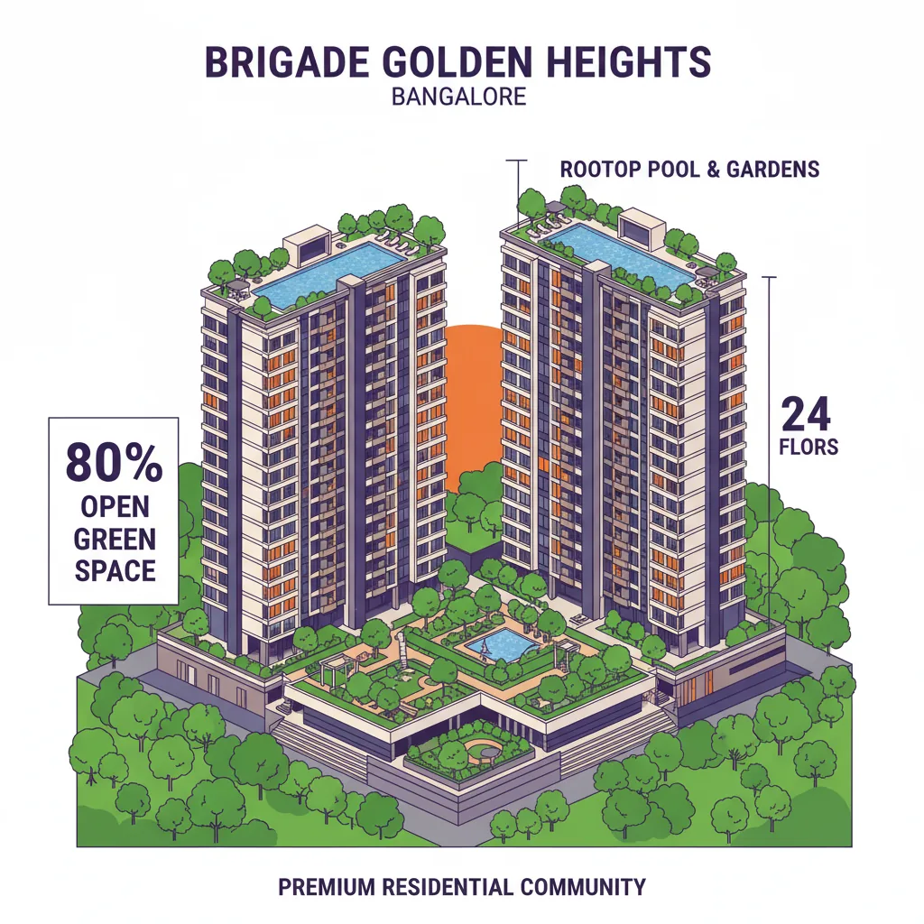 Modern luxury high-rise residential towers at sunset, Brigade Golden Heights apartment complex in Bangalore