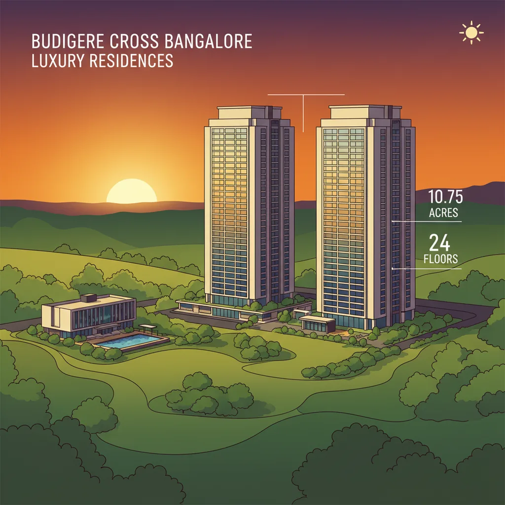 Modern luxury high-rise residential towers at sunset showing Brigade Golden Heights 24-floor buildings with glass facades, rooftop pool, and lush gardens