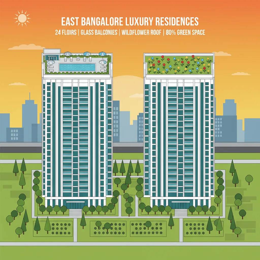 Brigade Golden Heights - Modern high-rise residential apartments with rooftop pool, wildflower green roof, and 80% open landscape at Budigere Cross, East Bangalore