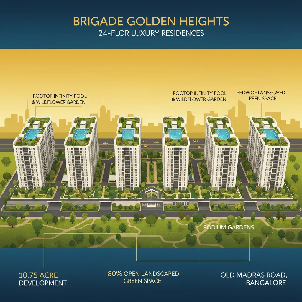 Modern luxury residential apartment towers at Brigade Golden Heights on Old Madras Road, Bangalore with rooftop infinity pool and wildflower green roof