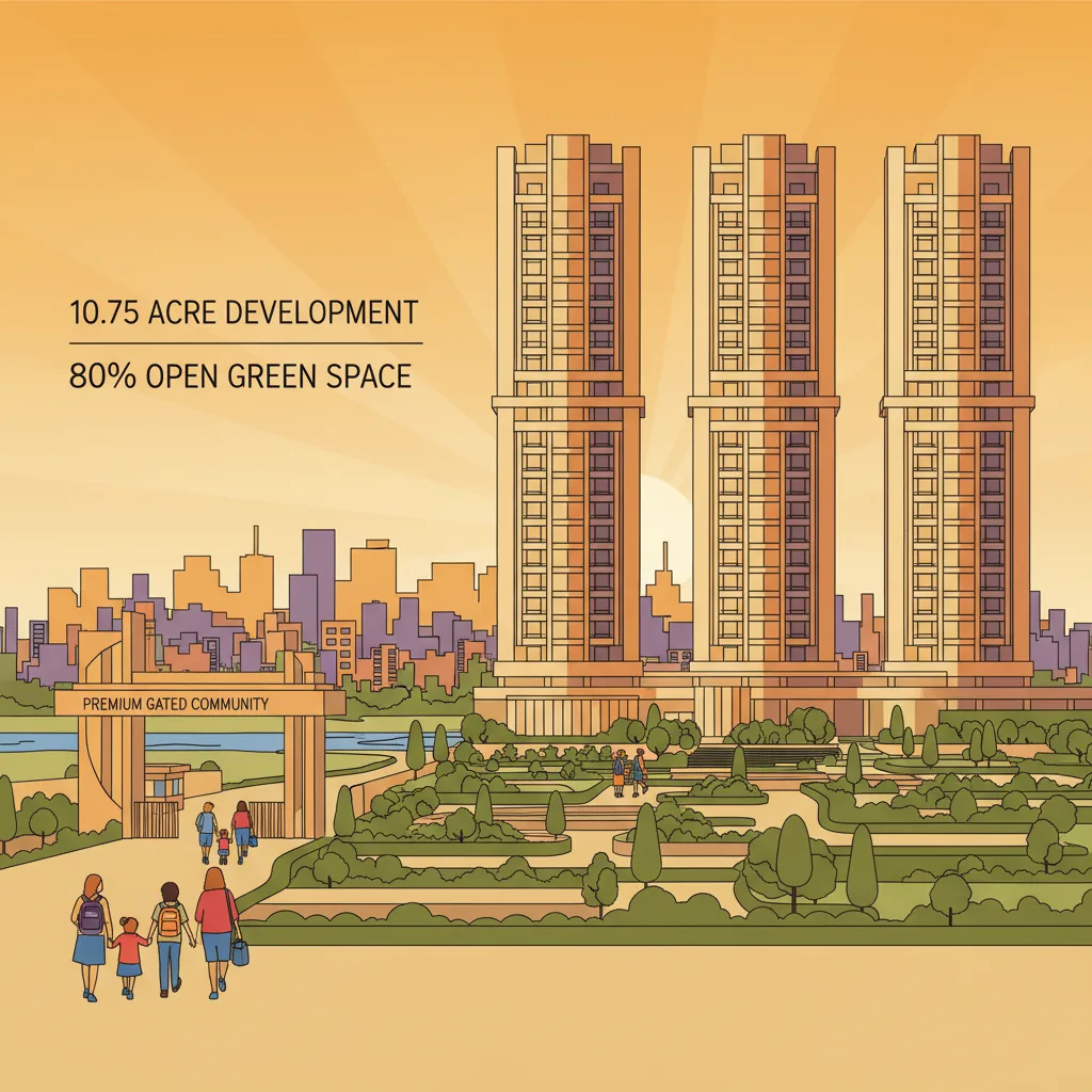 Modern residential high-rise towers at golden sunset with families walking to school near Brigade Golden Heights in East Bangalore